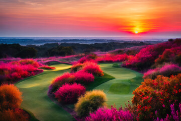 Fototapeta na wymiar Digital landscape photo of golf course at sunrise. Concept of ecological environment. Generative AI