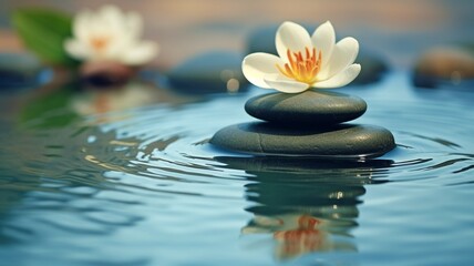 Fototapeta na wymiar Background of harmony and relaxation with a flower and stones in water. GENERATE AI