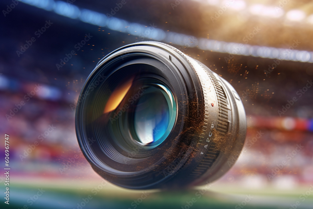 Aufkleber  A dynamic shot of a camera lens capturing a fast-moving subject, such as a sports event or wildlife, freezing the action with precision.  Generative AI technology.