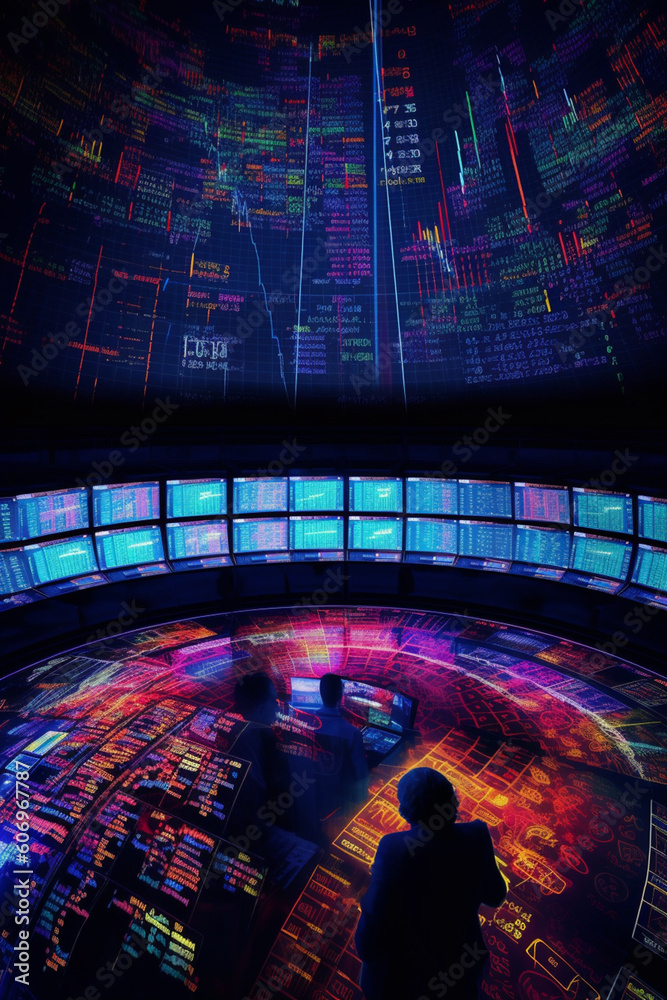 Aufkleber  A panoramic image of a large stock market chart displayed on a digital screen in a trading room, showcasing the scale and volume of financial data.  Generative AI technology.