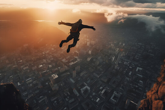 Base jumping off mountain with city below