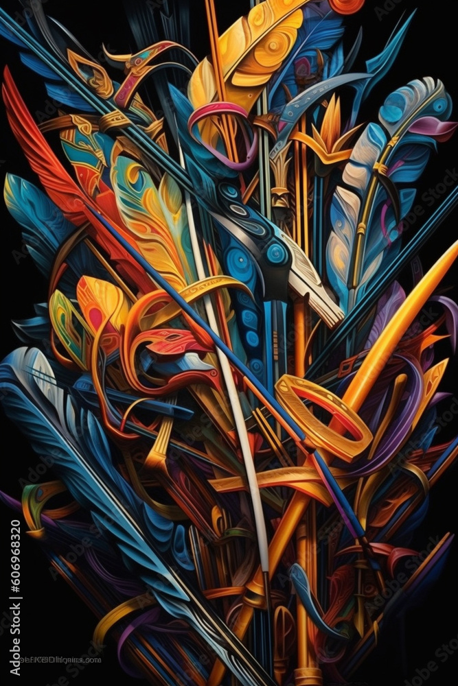 Poster a series of abstract drawings depicting bow and arrow motifs in different styles, showcasing the div