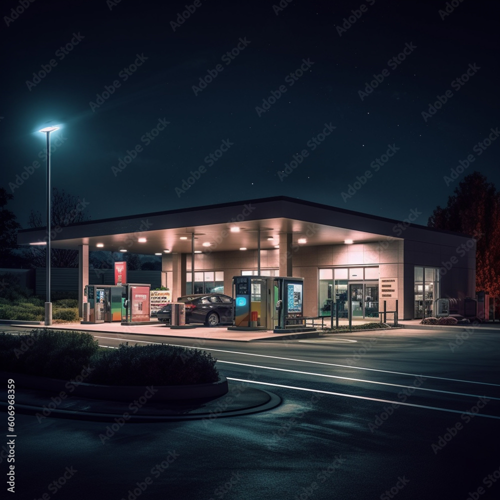 Poster an electric charging station illuminated by soft, ambient lighting, creating a sense of calm and saf