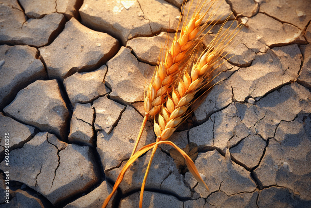Poster an artistic representation of wheat ears emerging from a cracked and barren ground, symbolizing resi