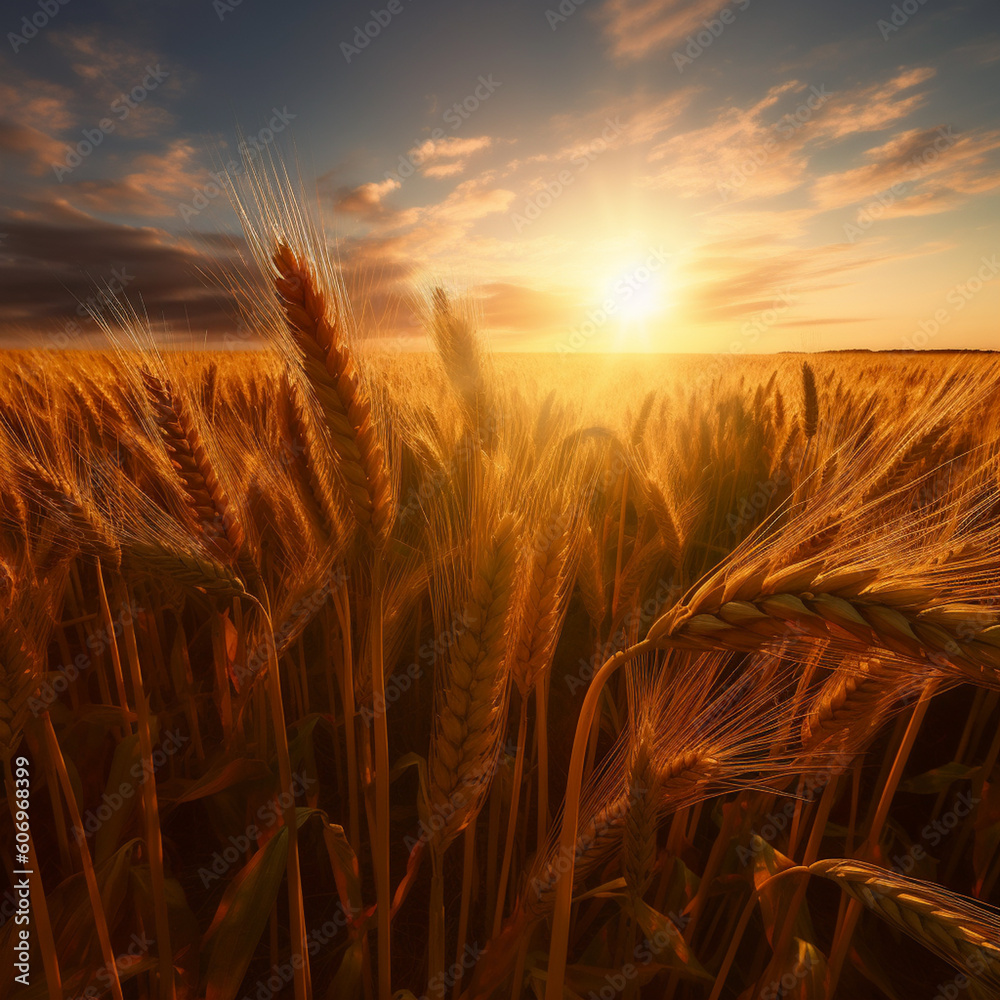 Fototapete An image of a wheat field at sunrise, with soft rays of light filtering through the waving wheat ears, creating a serene and ethereal scene.  Generative AI technology.