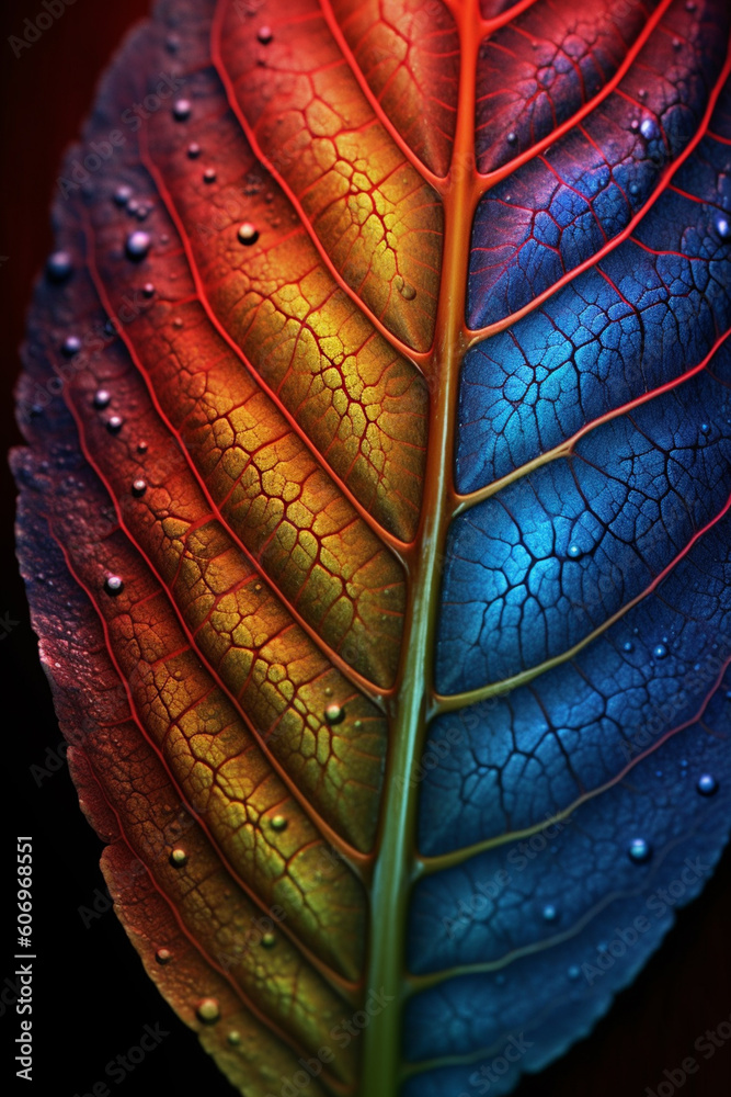 Poster  An abstract digital artwork depicting a vibrant and colorful leaf, with intricate patterns and textures that evoke a sense of nature and vitality.  Generative AI technology.