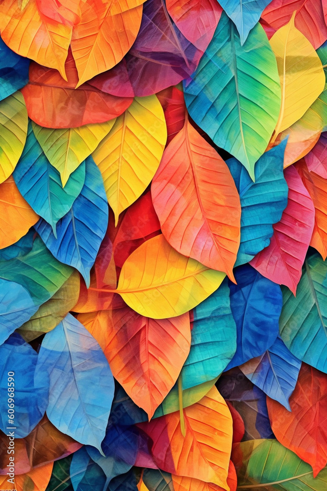 Poster  An abstract digital collage of multiple overlapping leaf images, creating a visually complex.  Generative AI technology.