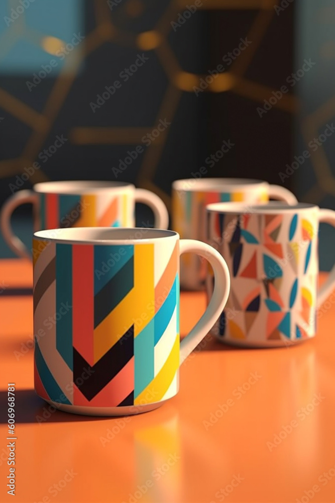 Poster a set of geometric-shaped ceramic mugs with sleek lines and geometric patterns, adding a touch of mo