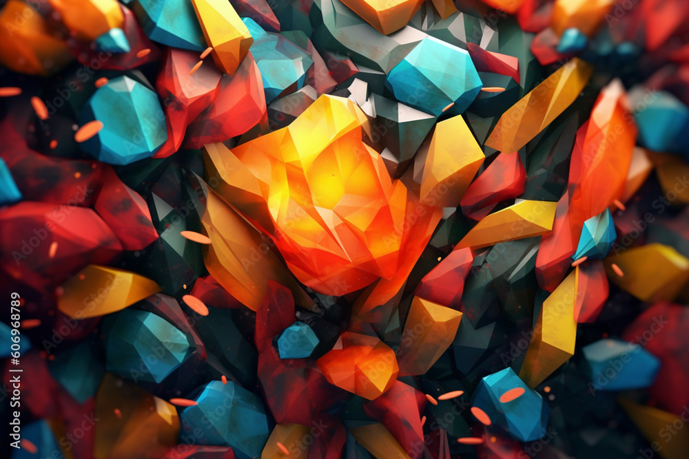 Poster a digital artwork featuring a geometric abstraction of nature, combining organic elements with geome
