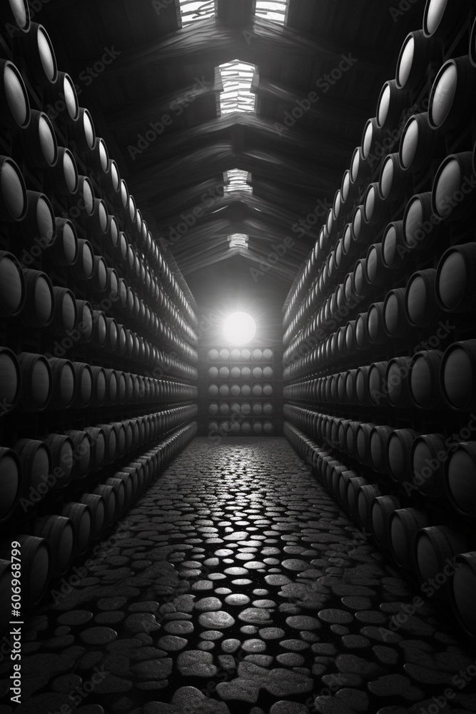 Fototapete a black and white photograph of a wine cellar filled with neatly stacked wine barrels, creating a vi