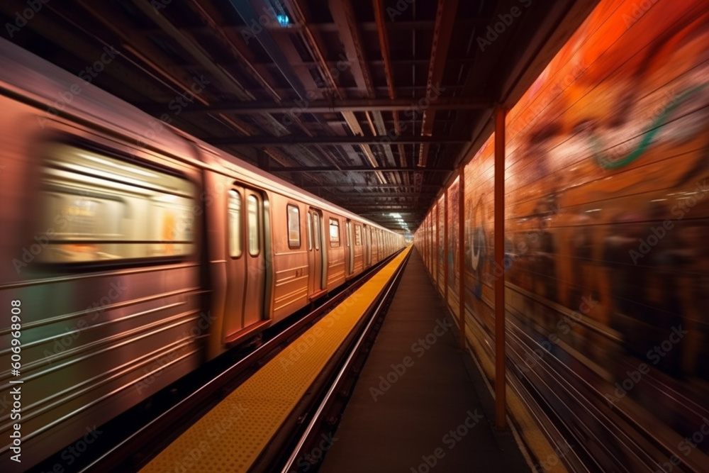 Poster the movement of subway trains in an underground tunnel, showcasing the fast-paced and interconnected