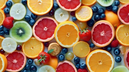 Concept of healthy eating, dieting, top down, flat lay fashionable seamless pattern of sliced mixed citrus fruits like backdrop with various berries. GENERATE AI - obrazy, fototapety, plakaty
