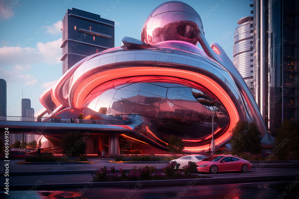 Poster A digital art architectural visualization that showcases the design and aesthetics of a futuristic building or urban environment,  Generative AI technology.