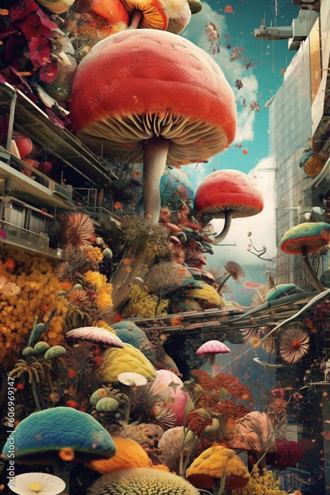 Poster a mixed media art digital collage that combines digital drawings, photographs, and graphic design el