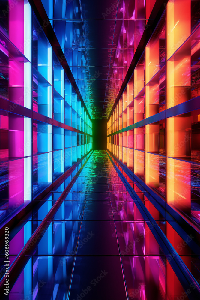Poster An architectural photograph of a tunnel with glass panels embedded with colored lights, creating a captivating play of reflections and hues.  Generative AI technology.