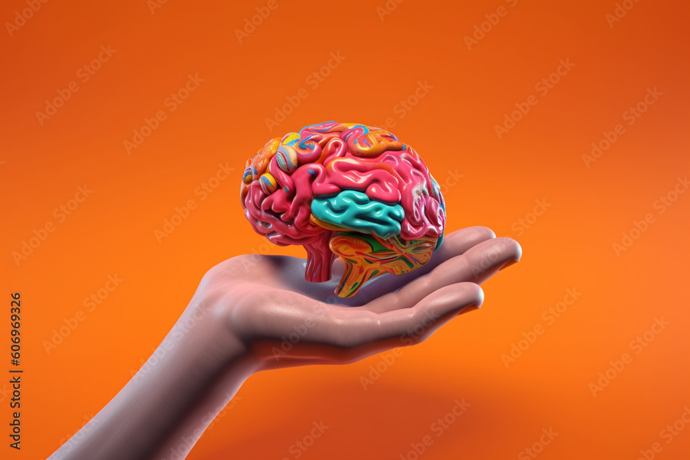 Aufkleber An artistic illustration of a brain nestled in the palm of a hand, highlighting the connection between the mind and the body.  Generative AI technology.
