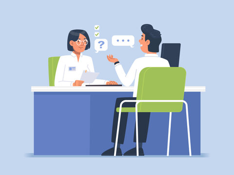 Job interview. Hiring an employee. A candidate for a position in a company is talking to an HR manager