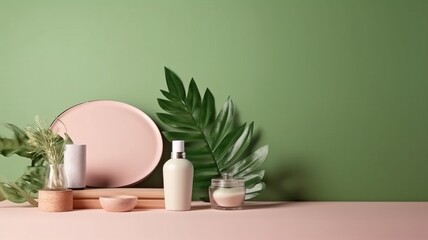 Mock up for branding, presentations, or items like jewelry, food, or cosmetics. Vacant table against a pink and green wall. Shadow of leaves on the wall and wooden desk in the composition. GENERATE AI