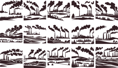 Silhouettes of factories with smoking chimneys in a landscape on a white background vector illustration set