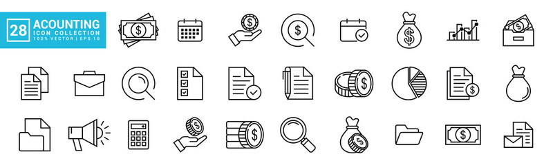 Collection of accounting icon vector, which contains financial reports, savings, taxes, invoices, editable and resizable vector icons EPS 10.