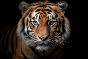 Fototapeta na wymiar Tiger face on black background, Generative AI