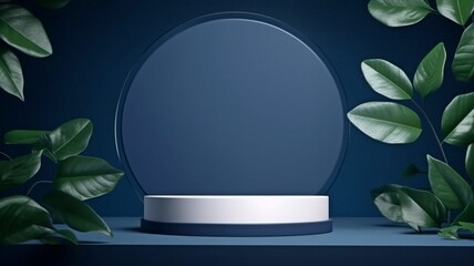pedestal with a circular cylinder shape for items or cosmetics on a leafy, dark blue backdrop.  GENERATE AI