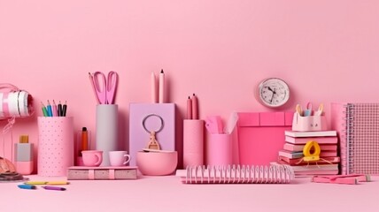 Collection of school materials against a pink backdrop. returning to school idea.  GENERATE AI - obrazy, fototapety, plakaty