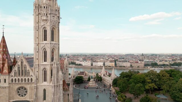 Tourist destination in Budapest, Hungary. Aerial view of Budapest city. Flying on drone near Budapests street. Fishermans Bastion by Matthias Church.