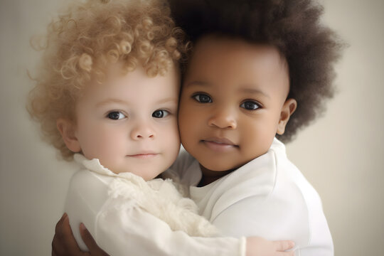 Black baby hugging white baby studio shot portrait