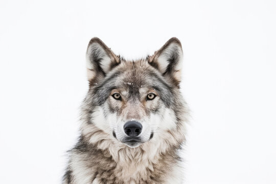 Close up on a white wolf eyes isolated on white background, Generative AI