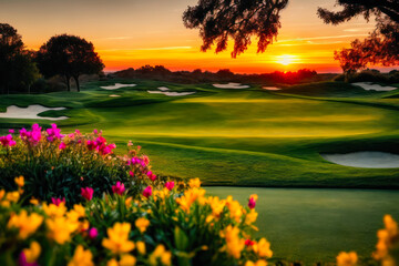 Fototapeta na wymiar Digital landscape photo of golf course at sunrise. Concept of ecological environment. Generative AI
