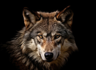 Portrait of adult wolf on black background, Generative AI