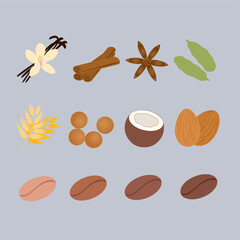 Set of splashes of chocolate and caramel into milk. Vector illustration.