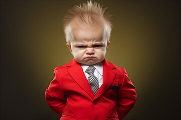 Angry baby wearing red business suit studio shot