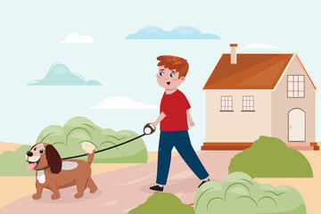 Flat cartoon illustration with a dog and boy walking outdoor from home.