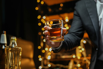 Bartender Serve Whiskey, on wood bar, 