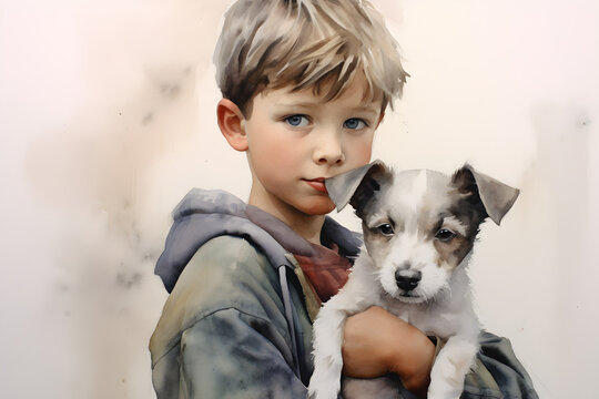 watercolour portrait of young boy with cute terrier puppy