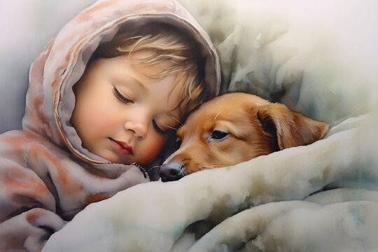 watercolour portrait of young sleeping boy with puppy