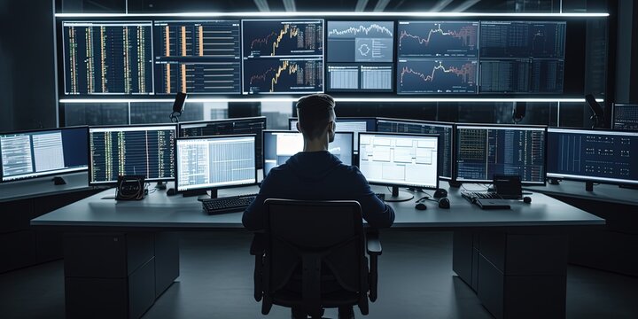 back of view Serious business man trader analyst looking at computer monitor, investor broker analyzing indexes, by ai generative