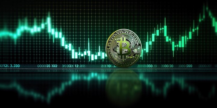 growing bitcoin, positive trend of bitcoin trade with growing candle background by ai generative