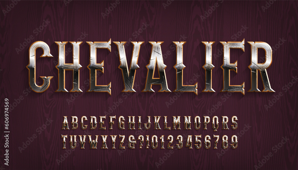 Fototapete chevalier alphabet font. scratched metal letters and numbers. stock vector typescript for your typog