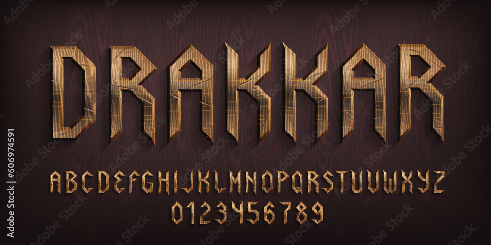 Poster drakkar alphabet font. damaged wooden letters and numbers. stock vector typescript for your typograp