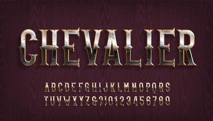 Chevalier alphabet font. Scratched metal letters and numbers. Stock vector typescript for your typography design.