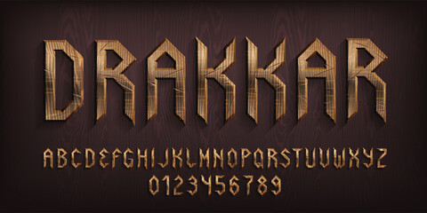 Drakkar alphabet font. Damaged wooden letters and numbers. Stock vector typescript for your typography design.