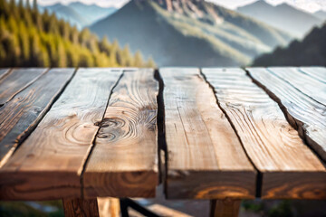 Selective focus, Wood table top on soft focus peak of mountain background. For montage product display. generative ai. - 606974998