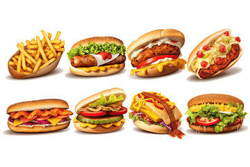 Collection of different fast food like french fries hamburger, hotdog realistic photo. Transparent background, generative AI