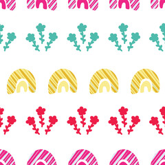 Boho rainbows and plants abstract repeat pattern