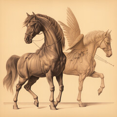 retro image of a horse and a light horse with wings
