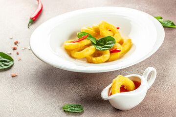 fried squid rings breaded, Food recipe background. Close up