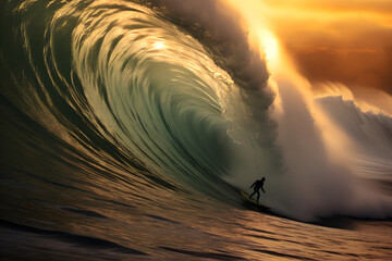 Surfer surfing large breaking ocean wave at sunset